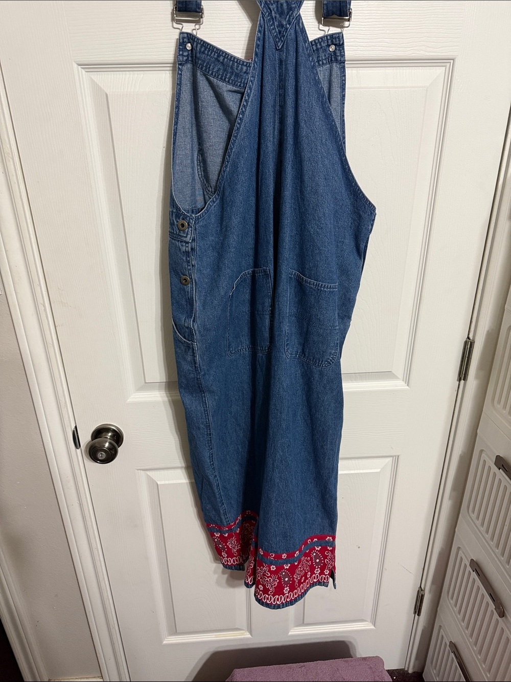 Denim capri Overalls with Red Bandana Trim - Women Capris - Picture 3 of 5